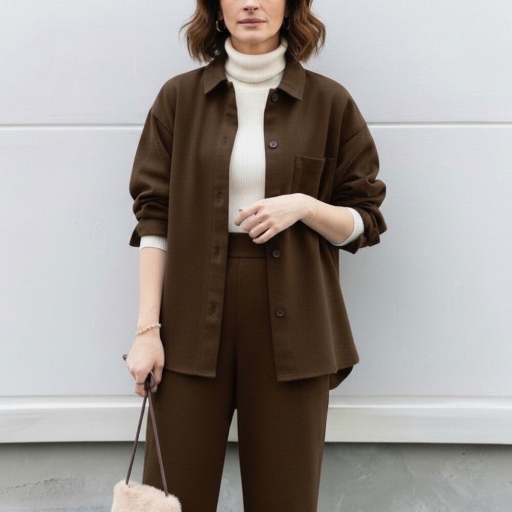 Uniqlo Women Dark Brown Brushed Jersey Oversized Shirt Jacket Size XL